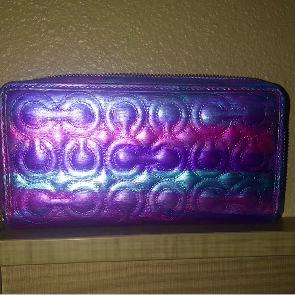 Coach Custom Design Metallic Multi Colored Signature C Leather Zip Wallet - Picture 6 of 10